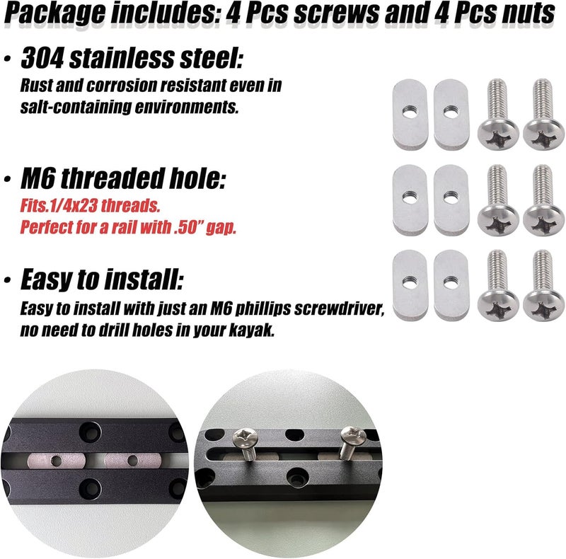 DoThisAllDay 304 Stainless Steel Kayak Rail/Track Screws 304 SS Track Nuts Kayak Hardware Mount Tie Down Eyelet Rail Kayak Mounting Screws Gear Mounting Replacement Kit for Kayaks Rails Screws Canoes Boats - Image 2